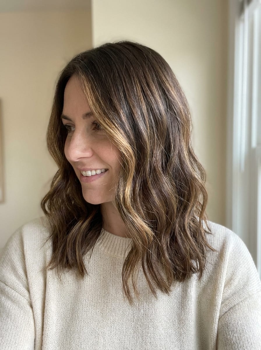 Schokobraune Haare mit Honig Highlights - braune Haare mit Highlights